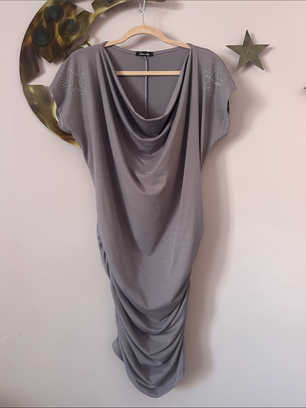 Draped Gray Women’s Dress with Rhinestone Shoulder Detail